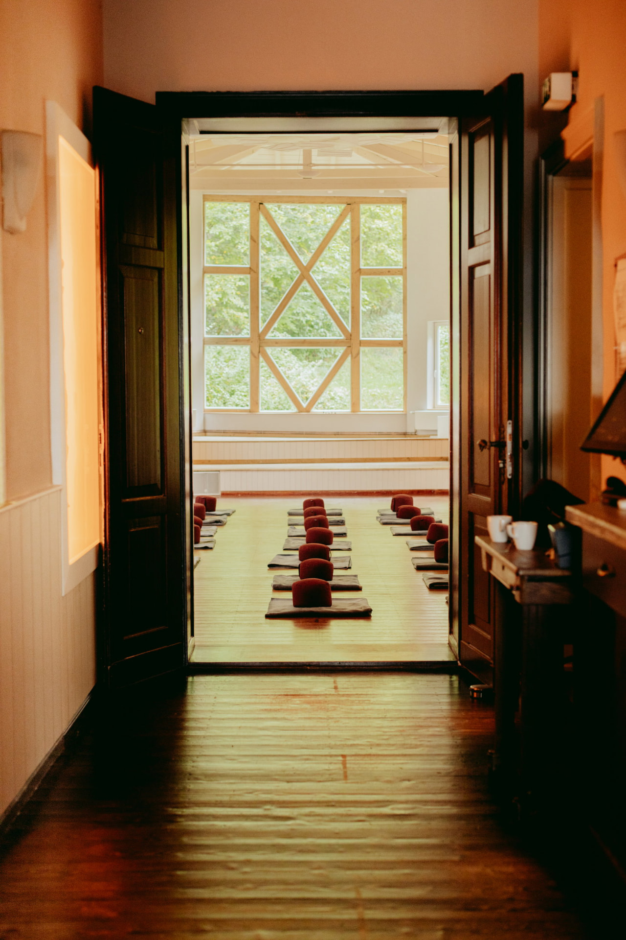 Open doors leading into the practice room with mats and cushions